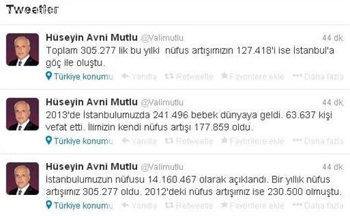 Vali Mutlu, Twitter'dan İstanbul'un nüfusunu açıkladı